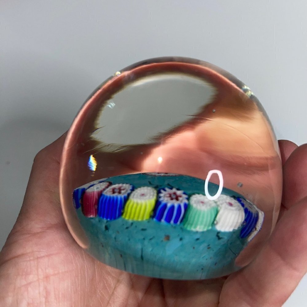 Vintage Millefiori Art Glass Turquoise Multicolor Paperweight Collectible - Picture 3 of 15